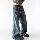 HEARUJOY - Korean Version Retro Letter Printed Jeans For Men Loose Straight Leg Wide Leg Pants High Street Hip-Hop Design Casual Pants