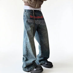 HEARUJOY - Korean Version Retro Letter Printed Jeans For Men Loose Straight Leg Wide Leg Pants High Street Hip-Hop Design Casual Pants