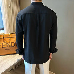 HEARUJOY - Long-sleeved Stand-collar Pleated Shirt Men's Summer Seaside Vacation Style Casual and Versatile Solid Color Spring Autumn Shirt