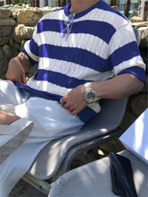 HEARUJOY - Summer Men O Neck Retro Tee Striped Ice Silk Knitted T-shirt Slim Short Sleeved Top Fashion Casual Knitwear Versatile Tshirts