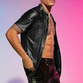 HEARUJOY - Male Tops Men Shirt Fashionable Regular Turn-down Collar Disco Stage Shirt Shiny Party Performance Short Sleeve