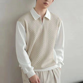 HEARUJOY - Trend Fashion Men Polo Shirts Spring Autumn New Lapel Half Zipper Fake Two Pieces Contrast Color Korean Casual Long Sleeve Tops