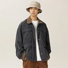 HEARUJOY - American Retro Heavyweight Washed Denim Jacket Multi-Pocket Workwear Coat with Contrast Collar Oversized Utility Streetwear