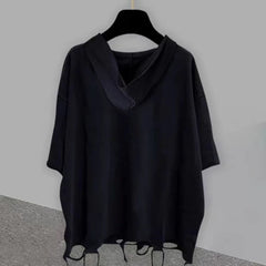 Hearujoy Mens Bat Sleeve Ripped Casual Hooded Top 2024 New Genderless Fashion Personality Solid Color Loose Short Sleeved T-Shirt Unisex