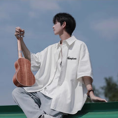 HEARUJOY - Retro Japanese Men's Casual Short Sleeve Shirt Spring Summer Loose Fit Versatile Youth Button Loose Half Sleeve Blouse Shirts