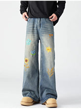 HEARUJOY - Hip Hop Trendy Jeans Mens Flower Embroidery Loose Straight Tube Cowboy Pants Size M-3XL Multiple Pockets Denim Trousers Male