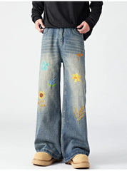 HEARUJOY - Hip Hop Trendy Jeans Mens Flower Embroidery Loose Straight Tube Cowboy Pants Size M-3XL Multiple Pockets Denim Trousers Male