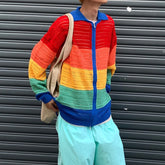 HEARUJOY - Streetwear Vintage Mens Knitted Coats Stylish Rainbow Striped Colorful Cardigan Tops For Men Spring Fall Fashion Knitting Jacket