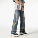 HEARUJOY - Street American Micro Flared Jeans Mens Petal Embroidery Washed Cowboy Pants Straight Tube Burr Edge Hip Hop Denim Trousers