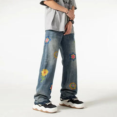 HEARUJOY - Street American Micro Flared Jeans Mens Petal Embroidery Washed Cowboy Pants Straight Tube Burr Edge Hip Hop Denim Trousers