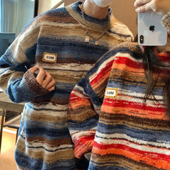 Hearujoy 2024 New Vintage Clashing Stripe Sweater Neutral Wind Trend Loose Couple Knitted Pullovers Round Neck Men Jumper