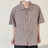 HEARUJOY - Beach Vacation Contrast Color Striped Casual Vintage Short Sleeve Vintage Casual Vacation Wear Slight Stretch Fabric