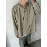 HEARUJOY - Autumn New Style Lazy Style Minimalist Casual Loose Fake Two Piece Hoodie Cardigan Men Solid Color Henley Neck Top Jacket