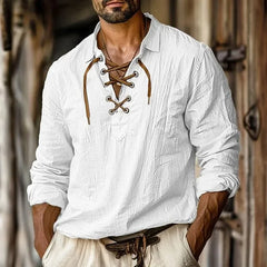 HEARUJOY - Men's Spring and Autumn Lapel Rope Cotton Linen Shirt Solid Color Long Sleeve Youth Breathable Casual Shirt