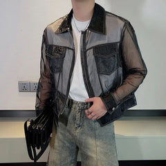Hearujoy Summer Trendy Men Transparent Sunscreen Jacket Fashion Sexy Mesh Long Sleeve Lapel Top Solid Streetwear Zipper Coat LGBT Clothes