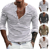 HEARUJOY - Men's Spring and Autumn Long Sleeve V-neck Button-down T-shirt Slim-fit Henley Shirt Horizontal Striped Top