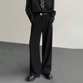 HEARUJOY - Korean Style Men's Suit Pants Solid Color Belts Decoration Casual Half Elastic Waist Loose Drape Loose Male Trousers 9W3507