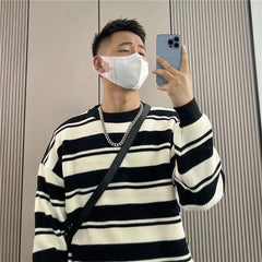 HEARUJOY - Retro Striped Men's Loose New Trendy Round Neck Sweater