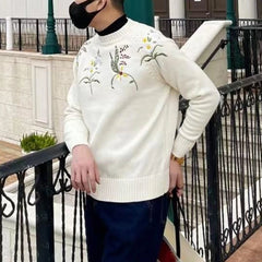 Hearujoy Mens Floral Embroidered Knitted Sweater 2024 New Genderless Fashion Youth Trend Versatile Simple Retro Knitted Sweater Unisex