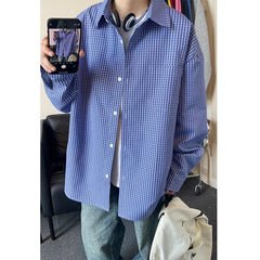 HEARUJOY - Long Sleeved Shirt Men Oversized Casual Plaid Shirt Men Streetwear Korean Loose Blue Casual Shirt Mens Shirts Plus Size 5XL