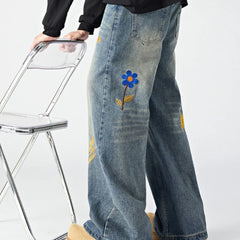 HEARUJOY - Hip Hop Trendy Jeans Mens Flower Embroidery Loose Straight Tube Cowboy Pants Size M-3XL Multiple Pockets Denim Trousers Male