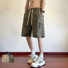 HEARUJOY - Wide Mens Cargo Shorts Baggy Over Knee Solid Elastic Waist Loose with Draw String Short Pants for Men Pockets High Quality V