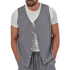HEARUJOY - Summer Thin Button Casual Solid Color Linen Youth Vest Button Men's Sleeveless Tops