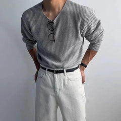 HEARUJOY - Autumn Men's Solid Color Knitted Long-Sleeved T-Shirt American Retro Fashion Trend Loose Street Casual Breathable Men's New Tops