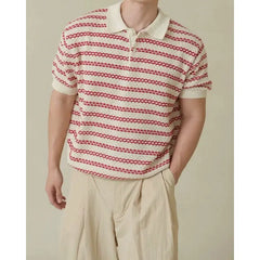 HEARUJOY - Summer Short Sleeved T-shirt Men Slim Fit Casual Striped T Shirt Men Streetwear Korean Knitted Lapel T Shirt Mens Polo Shirt