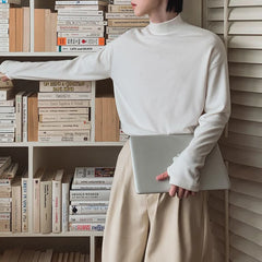 HEARUJOY - Korean Street Fashion Half Turtleneck Solid Color Long-Sleeved T-Shirt Mens Autumn Winter Pure Cotton Casual Bottoming Shirt Men