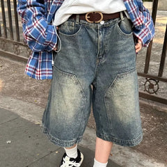 HEARUJOY - American Retro Blue Denim Shorts Men Korean Style High Waist Loose Straight Jeans Summer Chic Streetwear Knee-length Pant New