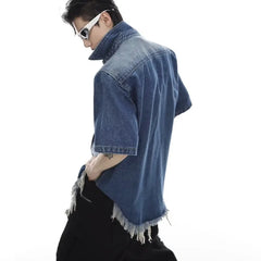 HEARUJOY - Y2K Cowboy Shirt Mens Summer Thin Shoulder Pads Retro Washed Short Sleeved Denim Jacket Hip Hop Burr Edge Design Loose Tops