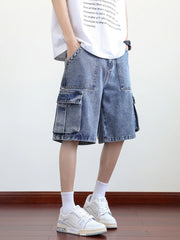 HEARUJOY - Summer Denim Cargo Shorts Men Flap Pockets Wide Leg Baggy Jeans Shorts Big Size 8XL 7XL 6XL Loose Fit Straight Jean Short Male