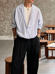 HEARUJOY - Autumn New Casual Mens Shirts Striped Printing Long Sleeve Lapel Shirts For Men's Fashionable V Neck Fake Two Piece Shirt