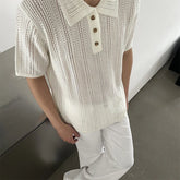 HEARUJOY - New Japanese Vintage Men Polo Shirt Trendy Leisure Hollow Out T-shirts Casual Solid Color Short Sleeve Breathable Retro Knitwear