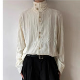 HEARUJOY - Men's French Style Vintage Pleated Textured High Collar Button Up Shirt Spring Autumn Y2K Harajuku Solid Long Sleeve Loose Tops