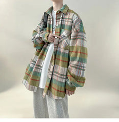 HEARUJOY - Trendy Blue Plaid Work Coat-like Brushed Shirt Jacket