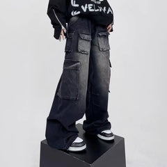 Hearujoy Summer American Street Fashion Design Wide Leg Workwear Pants Unisex High Quality Loose Straight Washed Vintage Style Jeans
