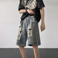 HEARUJOY - Men's New Zipper Slit Loose Straight-tipped Casual Five-point Ripped Denim Shorts