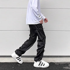 Hearujoy Side Elastic Waist Drawstring Black Cargos for Men Pantalones Hombre Baggy Y2k Straight Overalls Oversized Functional Trousers