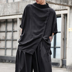 Hearujoy Japanese Mens Dark Tops Model New Loose Small Stand Collar T Shirt Summer Niche Tide Irregular Half Sleeve Shirts