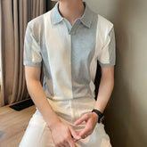 HEARUJOY - Summer Men's Lightweight Short-Sleeve Polo Shirt Simple Color Blocking Knit
