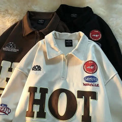 Hearujoy Vintage collar long-sleeved T-shirt spring American patch embroidered sweatshirt couple grunge baseball uniform shirt