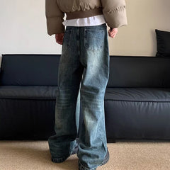 HEARUJOY - Korean Version Retro Letter Printed Jeans For Men Loose Straight Leg Wide Leg Pants High Street Hip-Hop Design Casual Pants