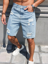 HEARUJOY - Men's Spring/Summer Street Fashion Casual Ripped and Distressed Straight-Leg Blue Denim Shorts, maintains its shape, wrinkle-res