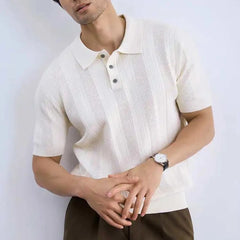 HEARUJOY - Men's Solid Color Striped Knitted Short-Sleeved Polo Shirt Retro Fashion Trend Casual Simple Loose Breathable Summer Men's Tops