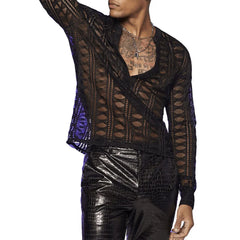 HEARUJOY - Men Lace T-Shirt See-Through V-Neck Mesh Thin T-Shirt Summer Streetwear Sexy Fashion Breath Long Sleeve Top Men'S Clothing 2025