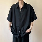 HEARUJOY - New Trendy Men's Shirts Half Zippers Design Solid Color Button Solid Color Lapel Short Sleeved Loose Male Shirt 24K4644