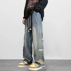 HEARUJOY - Spring And Summer New Straight Leg Pants Side Stripes Classic Blue Casual Jeans Men Korea Designer Clothes Baggy Jeans Man