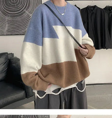 Hearujoy Autumn Winter Men's Cool Boy Casual Loose Tess Knitted Pullover Sweater Soft Patchwork Plaid Solid Warm